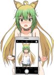  1girl absurdres ahoge atalanta_(fate) bangs bare_arms bare_shoulders bike_shorts black_choker black_shorts blonde_hair blurry blurry_foreground blush breasts cellphone choker collarbone cosplay cowboy_shot depth_of_field eyebrows_visible_through_hair fang fate/apocrypha fate_(series) gradient_hair green_eyes green_hair hair_between_eyes highres hinata_channel looking_at_viewer loose_clothes medium_breasts mitiru_ccc2 multicolored_hair nekomiya_hinata nekomiya_hinata_(cosplay) nose_blush open_mouth phone short_shorts shorts smartphone solo_focus sweatdrop taking_picture tank_top trembling virtual_youtuber white_tank_top 
