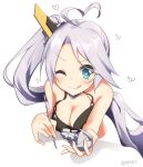  1girl :q ahoge azur_lane bare_shoulders black_bra blue_eyes blush bra breasts cleavage grey_hair headgear heart heart-shaped_pupils heart_ahoge holding long_hair looking_at_viewer medium_breasts one_eye_closed portland_(azur_lane) side_ponytail simple_background smile solo symbol-shaped_pupils takashiru tongue tongue_out twitter_username underwear very_long_hair white_background 