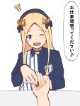  1girl ;d abigail_williams_(fate/grand_order) absurdres bangs black_bow black_hat blonde_hair blue_eyes blush bow employee_uniform eyebrows_visible_through_hair fate/grand_order fate_(series) forehead hair_bow hat head_tilt highres lawson long_hair mitchi money one_eye_closed open_mouth orange_bow parted_bangs pov pov_hands shirt simple_background smile solo_focus striped striped_shirt translation_request uniform upper_teeth vertical-striped_shirt vertical_stripes very_long_hair white_background 