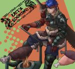  1boy armor blue_eyes blue_hair fire_emblem fire_emblem:_akatsuki_no_megami fire_emblem:_souen_no_kiseki food gloves headband highres ike male_focus monster_hunter short_hair simple_background solo sword tamaro_pompom weapon 