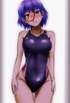  1girl blue_eyes blue_hair blue_swimsuit blush breasts competition_swimsuit d-m_(dii_emu) highres jiangshi looking_at_viewer medium_breasts miyako_yoshika ofuda one-piece_swimsuit short_hair smile solo swimsuit touhou 