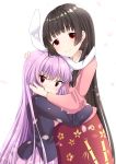  2girls absurdres animal_ears bamboo_print bangs black_hair blouse blunt_bangs eyebrows_visible_through_hair floral_print hair_between_eyes hand_in_another&#039;s_hair hand_on_another&#039;s_back hand_on_another&#039;s_head head_on_head highres houraisan_kaguya hug japanese_clothes lavender_hair lavender_skirt long_hair long_sleeves looking_at_viewer multiple_girls orange_eyes petals pink_blouse pleated_skirt rabbit_ears red_eyes red_skirt reisen_udongein_inaba simple_background skirt smile suit_jacket touhou tsukimirin very_long_hair white_background yuri 