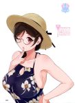  1girl 2017 absurdres akizono_kanna artist_name bangs bare_shoulders blue_dress blush body_blush braid braided_ponytail breasts brown-framed_eyewear brown_hair brown_hairclip brown_hat dengeki_moeou dress english eyebrows_visible_through_hair finger_to_chin floral_print glasses hair_between_eyes hair_ornament hair_over_shoulder hairclip halter_dress halterneck hat highres large_breasts long_hair magazine_scan mole mole_under_mouth official_art one_eye_closed page_number parted_bangs parted_lips pink_lips red_eyes sasamori_tomoe scan semi-rimless_eyewear shiny shiny_skin simple_background single_braid skindentation straw_hat succubus_stayed_life translation_request upper_body white_background 