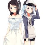  2girls :o alternate_hairstyle bang_dream! bangs bare_shoulders baseball_cap black_hair black_shorts blue_eyes blue_hair blue_jacket blush clenched_hand collarbone cosplay costume_switch cowboy_shot cropped_jacket eyebrows_visible_through_hair frilled_shirt frilled_sleeves frills grey_hoodie hair_ribbon hairstyle_switch hand_on_headwear hat hood hood_down jacket long_hair long_sleeves matsubara_kanon matsubara_kanon_(cosplay) multiple_girls okusawa_misaki okusawa_misaki_(cosplay) one_side_up ribbon shirt short_shorts short_sleeves shorts simple_background skirt skirt_hold smile sweatdrop violet_eyes white_background white_skirt yae_(eky_567) 