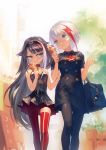  2girls admiral_graf_spee_(azur_lane) azur_lane bag bare_shoulders black_dress black_hair black_legwear blue_eyes charm_(object) commentary_request crepe deutschland_(azur_lane) double-breasted dress food hairband hand_up holding holding_food long_hair looking_at_another multicolored_hair multiple_girls necktie pantyhose redhead rias-coast school_bag school_uniform short_hair streaked_hair striped striped_legwear thigh-highs vertical-striped_legwear vertical_stripes very_long_hair white_hair 