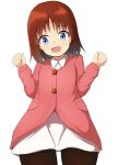 1girl :d absurdres bangs black_legwear blue_eyes blush brown_hair collared_dress commentary_request copyright_request cowboy_shot dress eyebrows_visible_through_hair hands_up head_tilt highres jacket long_hair long_sleeves looking_at_viewer mitiru_ccc2 open_mouth pantyhose pink_jacket smile solo white_dress 