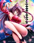  1girl alternate_hairstyle animal_ears blurry blurry_background bracer braid breasts brown_hair cat_ears china_dress chinese_clothes detached_sleeves dress eyebrows_visible_through_hair full_moon glasses highres impossible_clothes large_breasts long_hair looking_at_viewer mappaninatta moon nail_polish official_art outstretched_arm parted_lips pelvic_curtain petals rooftop side_slit solo standing standing_on_one_leg torn_clothes twin_braids venus_rumble violet_eyes watermark 