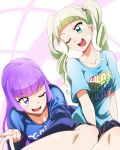  2girls :d ;d aikatsu! aikatsu!_(series) bangs blonde_hair blue_eyes blue_shirt blunt_bangs blush clothes_writing collarbone drill_hair eyebrows eyebrows_visible_through_hair eyelashes highres hikami_sumire long_hair long_sleeves looking_at_another multiple_girls one_eye_closed open_mouth purple_hair shirt short_sleeves sitting smile straight_hair t-shirt teeth tom_(drpow) tongue toudou_yurika twin_drills twintails v violet_eyes 