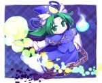  1girl bangs blue_background broken broken_chain capelet chains chibi crescent full_body ghost_tail green_eyes green_hair hand_on_hip hat hitodama holding holding_staff isu_(is88) leaning_to_the_side light_particles long_hair long_sleeves looking_at_viewer mima outstretched_arm parted_bangs plaid plaid_background smile solo staff star star_print touhou touhou_(pc-98) wizard_hat 