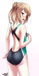  1girl adjusting_clothes adjusting_swimsuit artist_name ass black_swimsuit blonde_hair blush competition_swimsuit cowboy_shot dated from_behind hair_bun highres kantai_collection looking_at_viewer looking_back michishio_(kantai_collection) one-piece_swimsuit open_mouth short_twintails simple_background solo standing swimsuit tsuchimiya twintails white_background yellow_eyes 