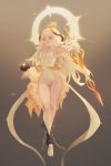  0000_(asd7083) 1girl absurdres animal_ears armpits barefoot blonde_hair breasts contrapposto crown flower full_body glowing glowing_sword glowing_weapon halo highleg highleg_leotard highres hips holding holding_sword holding_weapon honey horns leotard long_hair orange_eyes original shin_guards showgirl_skirt small_breasts solo strapless strapless_leotard sword very_long_hair weapon white_leotard 