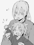  1boy 1girl arm_grab bedivere braid fate/grand_order fate_(series) french_braid grey_background greyscale hair_between_eyes long_hair long_sleeves monochrome mordred_(fate) mordred_(fate)_(all) morimokimori open_mouth ponytail sweat tearing_up upper_body 
