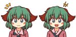  2girls :3 :d animal_ears blush_stickers commentary dress english_commentary eyebrows_visible_through_hair green_eyes green_hair kasodani_kyouko looking_at_viewer multiple_girls multiple_persona no_nose open_mouth pink_dress short_hair simple_background smile touhou upper_body white_background wool_(miwol) 