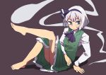  1girl ascot bangs bare_legs barefoot black_bow blue_eyes bow brown_background buttons closed_mouth commentary_request full_body green_skirt hair_bow konpaku_youmu konpaku_youmu_(ghost) long_sleeves nunupon0514 pleated_skirt shirt short_hair simple_background sitting skirt skirt_set solo touhou white_hair white_shirt 