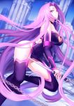  1girl absurdres arm_warmers ass black_legwear breasts chains cleavage cleavage_cutout expressionless fate/stay_night fate_(series) forehead_tattoo gogatsu_fukuin highres holding holding_weapon long_hair miniskirt pillar purple_hair rider skirt solo thigh-highs very_long_hair violet_eyes weapon 
