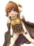  1girl armor bare_shoulders blush bow bracelet breastplate brown_eyes brown_hair cape dyute_(fire_emblem) fang fire_emblem fire_emblem_echoes:_mou_hitori_no_eiyuuou highres inanaki_shiki jewelry long_hair open_mouth ponytail simple_background smile solo thigh-highs zettai_ryouiki 
