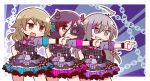  3girls :d bangs belt belt_buckle black_eyepatch blue_skirt bow braid brown_eyes buckle buttons chains closed_mouth collared_shirt cowboy_shot dress_shirt earrings eyepatch fake_horns grey_eyes grey_hair grin hair_between_eyes hayasaka_mirei horns hoshi_shouko idol idolmaster idolmaster_cinderella_girls idolmaster_cinderella_girls_starlight_stage index_finger_raised individuals jewelry legs_apart light_brown_hair long_hair miniskirt morikubo_nono multicolored_hair multiple_girls naga_u necktie open_mouth outline pink_bow pink_neckwear pink_skirt plaid pleated_skirt purple_belt purple_hair purple_shirt redhead shirt short_sleeves side_braid single_braid skirt smile streaked_hair two-tone_hair v-shaped_eyebrows white_outline wristband 