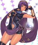  1girl bangs blunt_bangs bracer breasts circlet crystal_ball dark_skin fingerless_gloves gloves green_eyes hifumi_(art_sky_littel) highres looking_at_viewer medium_breasts menat navel parted_lips paw_pose purple_hair shawl short_hair simple_background smile solo street_fighter street_fighter_v thigh-highs 