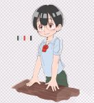  1boy black_hair blue_shirt color_guide commentary_request glasses green_pants highres made_in_abyss male_focus pants red_eyes shiggy_(made_in_abyss) shirt short_sleeves smile solo standing usuki_(usukine1go) whistle 