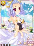  1girl bare_back black_gloves blue_hair bridal_gauntlets card_(medium) clouds crown dress elbow_gloves from_behind gloves katagiri_hinata koihime_musou looking_back official_art outdoors outstretched_arms outstretched_hand red_eyes short_hair sky sleeveless sleeveless_dress smile solo toutaku white_dress 