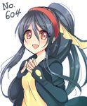  1girl :d bangs black_hair black_jacket blush eelektross eyebrows eyebrows_visible_through_hair eyelashes fingers_together fins gen_5_pokemon hair_between_eyes hairband head_fins high_ponytail jacket long_hair number open_clothes open_jacket open_mouth orange_eyes ougi_hina personification pokemon red_hairband shirt sidelocks smile solo tareme upper_body yellow_sclera yellow_shirt 