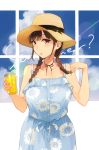  1girl braid breasts brown_eyes brown_hair clouds cup dress drinking_glass floral_print holding holding_drinking_glass large_breasts long_hair looking_at_viewer original sasamori_tomoe solo twin_braids window 