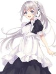 1girl :d apron black_dress black_ribbon blue_eyes blush commentary_request copyright_request dress hair_ribbon long_hair looking_at_viewer maid maid_apron open_mouth ponytail puffy_short_sleeves puffy_sleeves ribbon rimo short_sleeves simple_background smile solo standing white_apron white_background 