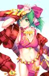  1girl arm_up bangle bow bracelet breasts cleavage cowboy_shot dancer fire_emblem fire_emblem:_seisen_no_keifu foreshortening green_eyes green_hair hair_bow highres jewelry large_breasts leen_(fire_emblem) looking_at_viewer midriff navel necklace pelvic_curtain pendant ponytail sash short_hair simple_background smile solo streya thigh_strap white_background 