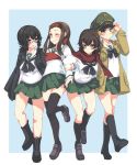  4girls abenattou adjusting_clothes adjusting_hat bangs black_eyes black_hair black_legwear black_neckwear blonde_hair blouse blue_background brown_eyes brown_footwear brown_hair caesar_(girls_und_panzer) closed_mouth commentary_request erwin_(girls_und_panzer) girls_und_panzer glasses goggles goggles_on_headwear green_hat green_skirt grin haori hat headband japanese_clothes kneehighs leg_up light_frown loafers locked_arms long_hair long_sleeves looking_at_another looking_at_viewer messy_hair military_hat miniskirt multiple_girls muneate neckerchief one_eye_closed ooarai_school_uniform oryou_(girls_und_panzer) outside_border peaked_cap pleated_skirt pointy_hair red-framed_eyewear red_headband red_scarf saemonza scarf school_uniform semi-rimless_eyewear serafuku shoes short_hair short_ponytail skirt smile standing standing_on_one_leg thigh-highs under-rim_eyewear walking white_blouse 