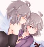  2girls ahoge bare_shoulders brooch buna_shimeji_(keymush) feathered_wings grey_hair jewelry kishin_sagume looking_at_another medium_hair multiple_girls one_eye_closed open_mouth red_eyes selfcest single_wing tearing_up tongue tongue_out touhou white_wings wings yuri 