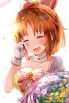  1girl :3 :d abe_nana animal_ears bangs blush bouquet breasts cleavage closed_eyes commentary_request confetti detached_collar eyebrows_visible_through_hair facing_viewer flower gem gloves hair_ornament head_tilt heart highres holding holding_bouquet idolmaster idolmaster_cinderella_girls medium_breasts medium_hair okitsugu open_mouth orange_hair ponytail rabbit_ears short_sleeves simple_background smile solo tearing_up tears upper_body white_background white_gloves wiping_tears 