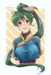  1girl artist_request blush earrings fingerless_gloves fire_emblem fire_emblem:_rekka_no_ken fire_emblem_heroes gloves green_eyes green_hair jewelry long_hair looking_at_viewer lyndis_(fire_emblem) mamkute open_mouth pelvic_curtain ponytail side_slit simple_background smile 