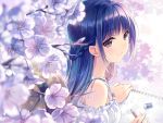  1girl blue_hair braid brown_eyes cherry_blossoms eraser flower hat long_hair looking_at_viewer notebook original outdoors pencil petals riv smile solo writing 