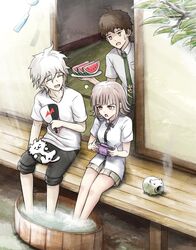  1girl 2boys ahoge brown_hair collarbone collared_shirt danganronpa_(series) danganronpa_2:_goodbye_despair flipped_hair food fruit hair_ornament handheld_game_console highres hinata_hajime holding holding_handheld_game_console kmnm_1403 komaeda_nagito medium_hair multiple_boys nanami_chiaki neck_ribbon necktie no_hair_ornament no_jacket ribbon shirt short_hair sitting summer water watermelon white_shirt 