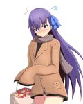  /\/\/\ 1girl bag black_panties black_shirt blue_bow blue_eyes bow brown_coat brown_scarf coat fate/extra fate/extra_ccc fate_(series) flying_sweatdrops gift_card hair_bow head_tilt highres holding_bag long_hair long_sleeves meltlilith mitchi no_pants nse panties paper_bag purple_hair scarf shirt shopping_bag simple_background sleeves_past_fingers sleeves_past_wrists solo underwear very_long_hair white_background 