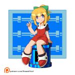  1girl arm_support bangs blonde_hair blunt_bangs bow child dress energy_tank eyebrows_visible_through_hair full_body green_bow hair_bow hair_ornament high_ponytail highres hooded_dress long_hair looking_at_viewer patreon_logo patreon_username ponytail red_dress red_footwear rockman rockman_(classic) rockman_11 roll shoes short_sleeves sidelocks sitting smile solo thewolfhart waving 
