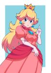  1girl :o absurdres bangs blonde_hair blue_eyes blush_stickers breasts brooch crown dress earrings elbow_gloves eyebrows eyelashes facing_away gem gloves hair_between_eyes hand_up highres index_finger_raised jewelry long_hair super_mario_bros. medium_breasts nazonazo_(nazonazot) pink_dress princess princess_peach puffy_short_sleeves puffy_sleeves short_sleeves solo super_mario_bros. tongue white_gloves 