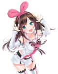  1girl :d a.i._channel absurdres ainili blue_eyes breasts brown_hair collarbone detached_sleeves floating_hair hairband highres kizuna_ai leaning_forward long_hair looking_at_viewer medium_breasts midriff navel open_mouth pink_hairband short_shorts shorts simple_background smile solo standing stomach thigh-highs very_long_hair white_background white_legwear white_shorts 