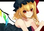  1girl alternate_costume bare_arms bare_shoulders black_dress black_hat blonde_hair bow collarbone commentary crystal daimaou_ruaeru dress earrings english_commentary eyebrows_visible_through_hair flandre_scarlet hat hat_bow highres jewelry looking_at_viewer lying mob_cap nail_polish on_stomach red_bow red_eyes red_nails short_hair side_ponytail simple_background smile solo star strapless strapless_dress touhou white_background wings 