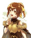  1girl akke armor bare_shoulders bow bracelet breastplate brown_eyes brown_hair cape dyute_(fire_emblem) fang fire_emblem fire_emblem_echoes:_mou_hitori_no_eiyuuou jewelry long_hair open_mouth ponytail simple_background smile solo 