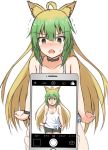  1girl absurdres ahoge atalanta_(fate) bangs bare_arms bare_shoulders bike_shorts black_choker black_shorts blonde_hair blurry blurry_foreground blush breasts cellphone choker collarbone cosplay cowboy_shot depth_of_field eyebrows_visible_through_hair fang fate/apocrypha fate_(series) gradient_hair green_eyes green_hair hair_between_eyes highres hinata_channel long_hair looking_at_viewer loose_clothes medium_breasts mitchi multicolored_hair nekomiya_hinata nekomiya_hinata_(cosplay) nose_blush open_mouth phone short_shorts shorts smartphone solo_focus sweatdrop taking_picture tank_top trembling v-shaped_eyebrows very_long_hair virtual_youtuber white_tank_top 