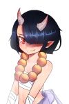  1girl bandage bandaged_arm bangs bare_shoulders blue_hair blunt_bangs bob_cut closed_mouth commentary eyes fang flat_chest hair_over_one_eye highres looking_at_viewer navel one_eye_covered oni oni_horns original parted_bangs petite pointy_ears red_eyes sarashi shiny shiny_hair short_hair simple_background smile smirk solo stomach tsurime upper_body white_background xscaryy 