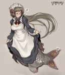  1girl apron black_hair blue_eyes blush breasts bubble cleavage cleavage_cutout commentary curtsey english_commentary fish_tail glasses highres large_breasts long_hair maid maid_headdress mermaid monster_girl norasuko original pun round_eyewear scales solo tail underwater 