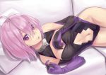  1girl bangs bed_sheet black_gloves black_leotard blush breasts cleavage commentary_request doonatsu. elbow_gloves eyebrows_visible_through_hair fate/grand_order fate_(series) gloves hair_between_eyes highleg highleg_leotard indoors leotard looking_at_viewer lying mash_kyrielight medium_breasts navel navel_cutout on_side open_mouth pillow pink_hair solo violet_eyes 