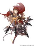  1girl :d absurdres arrow blonde_hair boots bow_(weapon) cape crossbow frilled_skirt frills full_body highres hood jino little_red_riding_hood_(sinoalice) long_hair looking_at_viewer navel official_art open_mouth quiver sinoalice skirt smile thigh-highs thigh_boots very_long_hair weapon white_background yellow_eyes 