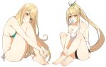  1girl absurdres aqua_bikini bangs bare_legs barefoot bikini black_panties blonde_hair blush breasts chinese_commentary cleavage collarbone crossed_ankles eyebrows_visible_through_hair food from_side full_body highres mythra_(xenoblade) icarus_(632247131) large_breasts leg_hug long_hair looking_at_viewer mouth_hold multiple_views own_hands_together panties ponytail popsicle side-tie_bikini sideboob sidelocks simple_background sitting strap_slip sweat swept_bangs swimsuit tank_top underwear very_long_hair white_background xenoblade_(series) xenoblade_2 yellow_eyes 