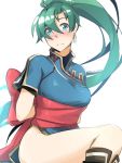  1girl artist_request blush earrings fire_emblem fire_emblem:_rekka_no_ken green_eyes green_hair jewelry long_hair looking_at_viewer lyndis_(fire_emblem) pelvic_curtain ponytail ribbon side_slit simple_background solo 