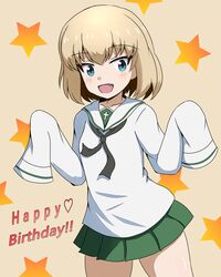  1girl :d bangs black_neckwear blue_eyes blush brown_background commentary_request eyebrows_visible_through_hair fang girls_und_panzer green_skirt hair_between_eyes hairband hands_up happy_birthday heart highres katyusha light_brown_hair long_sleeves looking_at_viewer mitchi ooarai_school_uniform open_mouth pleated_skirt sailor_collar school_uniform serafuku shirt simple_background skirt sleeves_past_fingers sleeves_past_wrists smile solo star starry_background white_sailor_collar white_shirt 