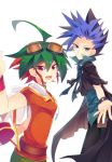  2boys ahoge black_pants blue_eyes choker goggles goggles_on_head green_pants male_focus multicolored_hair multiple_boys open_mouth outstretched_arm outstretched_hand pants red_eyes red_shirt rento_(rukeai) sakaki_yuuya shirt short_sleeves smile spiky_hair star torn_jacket yu-gi-oh! yuu-gi-ou_arc-v yuuto_(yuu-gi-ou_arc-v) 