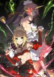  2girls back back-to-back bare_shoulders blonde_hair breasts bridal_veil clarent commentary_request eyebrows_visible_through_hair fate/apocrypha fate/grand_order fate_(series) fist_bump frankenstein&#039;s_monster_(fate) green_eyes hair_between_eyes highres holding holding_sword holding_weapon horn mordred_(fate) mordred_(fate)_(all) multiple_girls pink_hair ponytail short_hair smile sukocchi sword under_boob veil weapon 